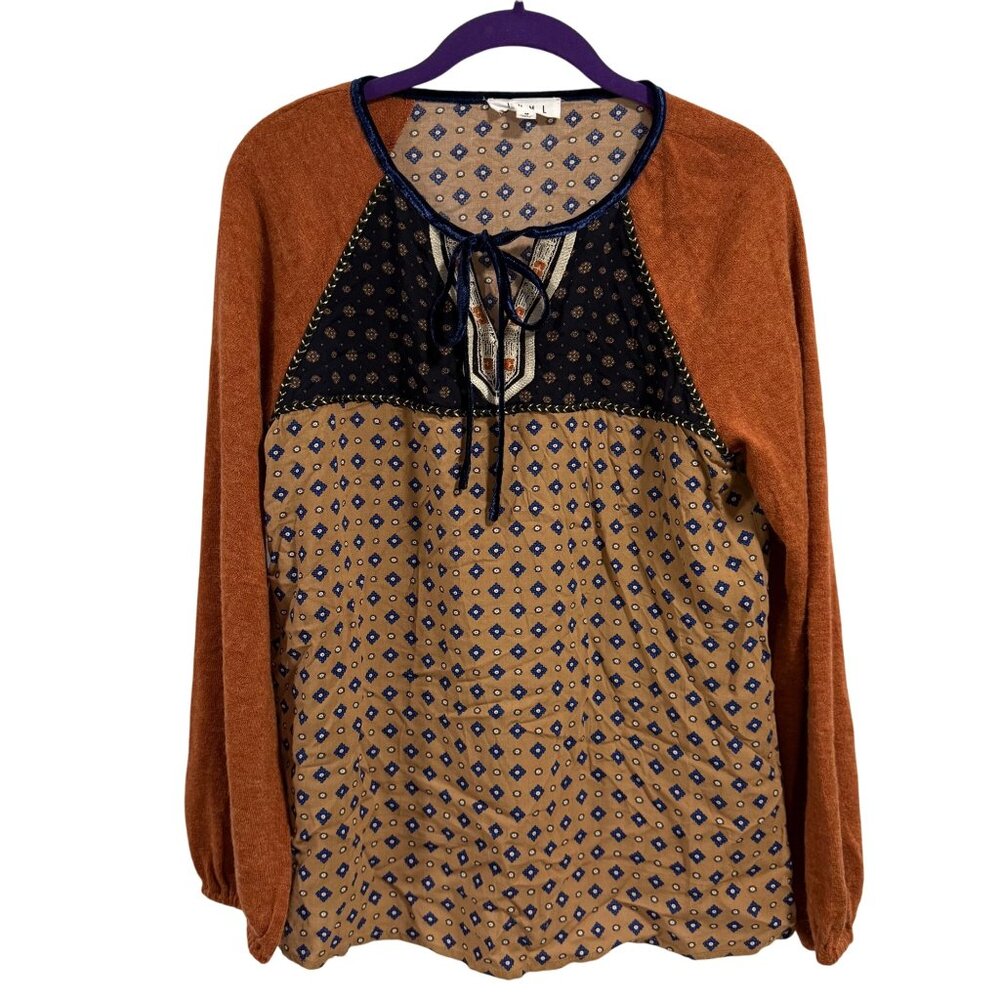 THML Mixed Media Boho Embroidered Long Sleeve V-Neck Blouse Size M